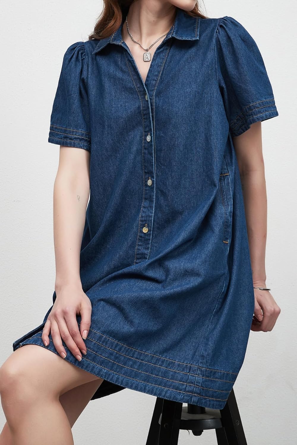 Women Denim Shirt Dress Summer Casual Short Sleeve Button Down V Neck Loose Jean Mini Dress - Image 7