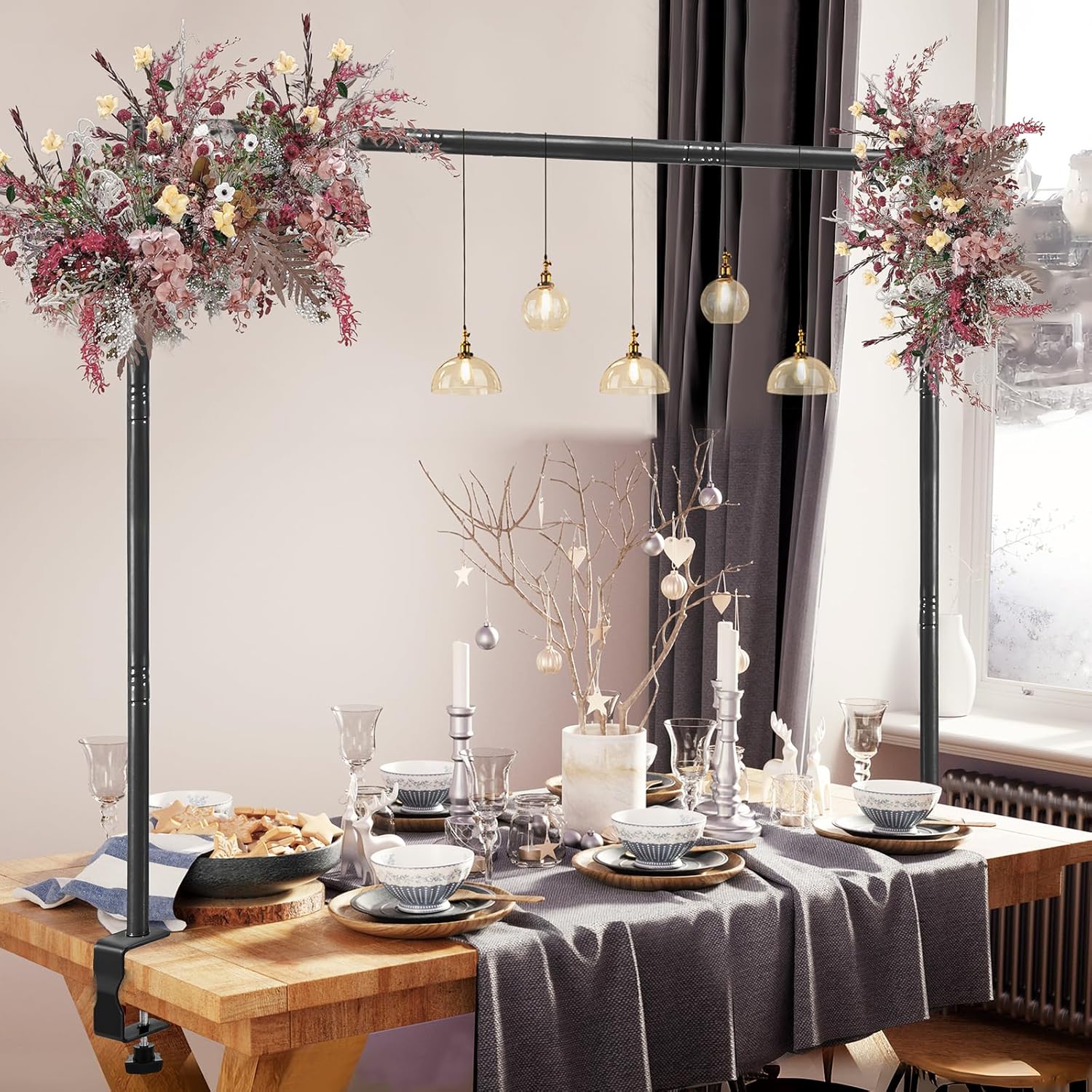 Over The Table Rod Stand with Clamps Adjustable 31-110 in Length 31-64 in Height Black Table Balloon Arch Hanging Stand with Storage Bag for Valentines Day Wedding Birthday Party Decoration