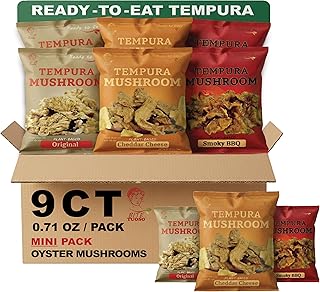 BITETUOSO Tempura Oyster Mushrooms Mini Variety Pack, Tempura-Style Mushroom Snack, Ready-to-Eat Crispy Chips, Vegan Plant-Based, Original BBQ Plant-Based Cheddar (0.71 oz, 9-Pack)