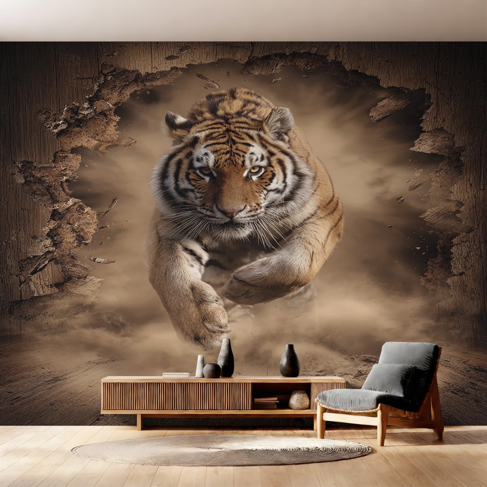Papier peint tigre 3D panoramique 310 x 250 cm decoration murale salon