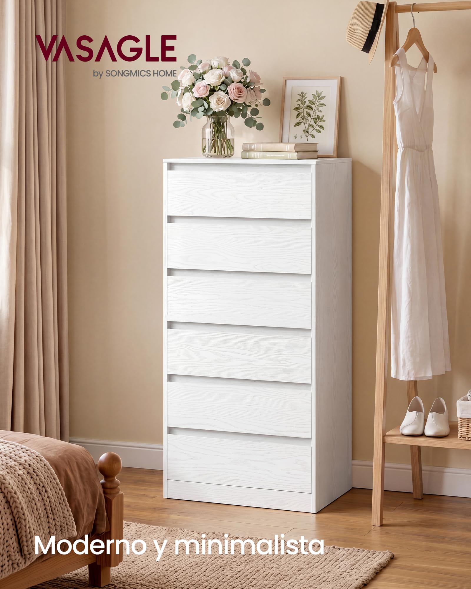 VASAGLE Colección Kailyn - Cómoda de 6 Cajones para Dormitorio, Armario de Almacenamiento, Mueble para Ropa, 30 x 48 x 111,2 cm, Estilo Moderno, Blanco Nieve LTS606WE01