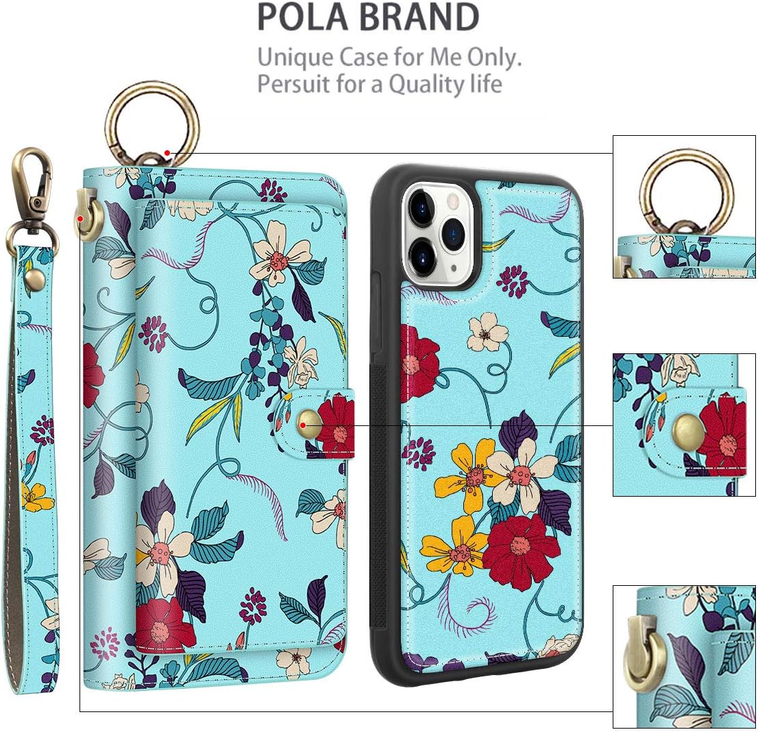 Petocase Compatible iPhone 11 Pro Max Wallet Case, Multi-Function Zipper Purse with Detachable Magnetic Cover Wristlets 13 Card Slots & 4 Cash Pocket for Apple iPhone 11 Pro Max 6.5 Inch Green Floral