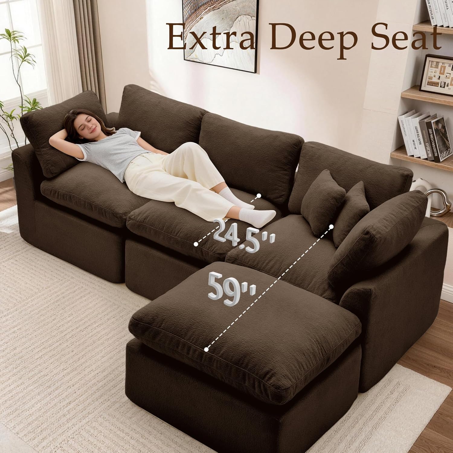 Korser 112" Cloud Sectional Boneless Couches for Living Room, Modern Modular Sectional Sofa with Ottoman, Cloud Couch with Comfy Deep Seats, Fluffy Velvet L-Shape Sofa Couch for Living Room, Brown thumbnail