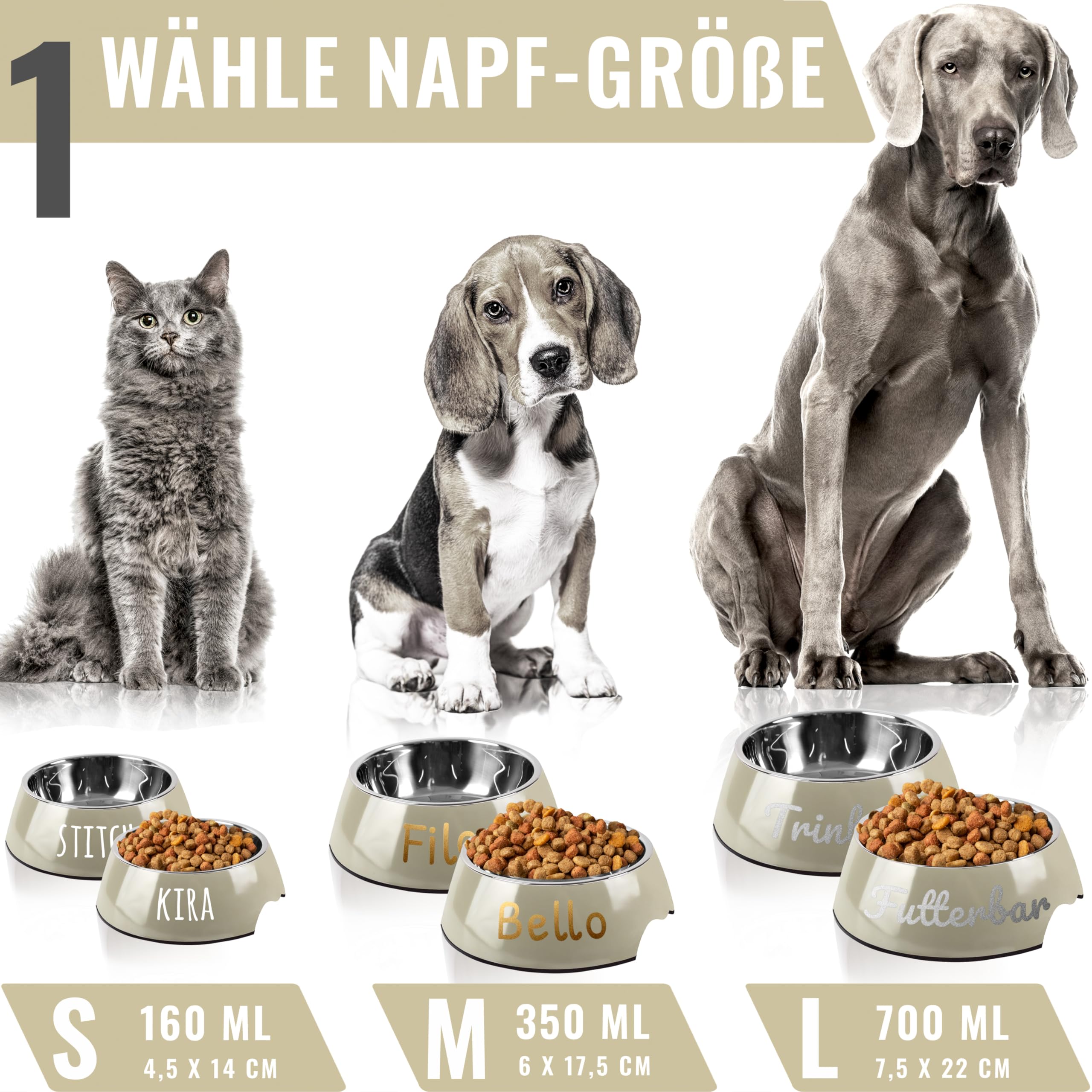 ne&no® Juego de 2 comederos para perros y gatos pequeños [talla S/170 ml] comedero para gatos con nombre antideslizante | comedero para gatos | Dog Bowl (S Taupe)