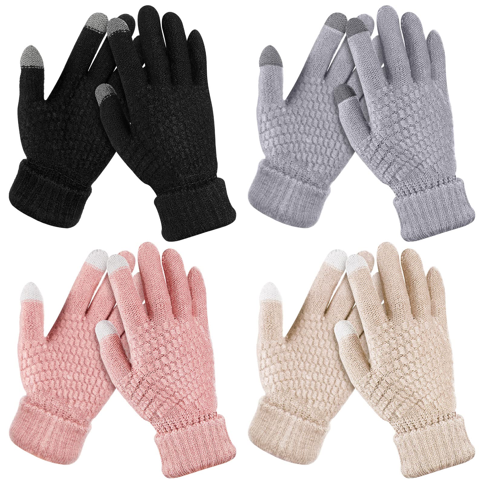 4 Pairs Kids Winter Touchscreen Gloves Warm Fleece Lined Child Knit Gloves Elastic Cuff Winter Texting for Girls