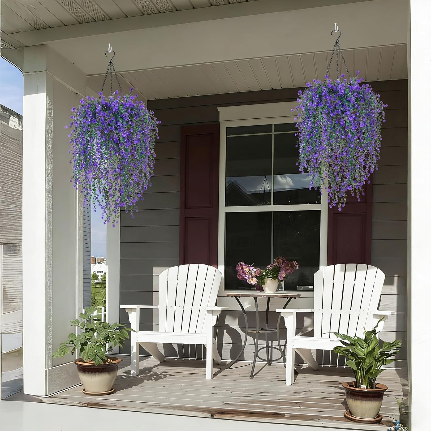 2 Set Artificial Flower Hanging Baskets for Outdoors, 20Pcs Fake Hanging Plants, Outdoor Faux Flowers UV Resistant for Spring Summer Porch Patio Garden Home Decoration (Purple)