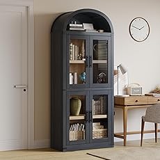 GarveeHome Arched Bookshelf with Doors Farmhouse Bookcase 15.83in Depth Display Storage Shelves 71.4in Tall Wooden Display Cabinet Rounded Bookcases for Living Room, Kitchen, Office (Light Oak)
