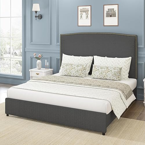 Miniatura 10 de Base de cama tamaño matrimonial con cabecero, plataforma tapizada de 56 pulgadas con ribete de cabeza de clavos, tela suave de bucle, no necesita