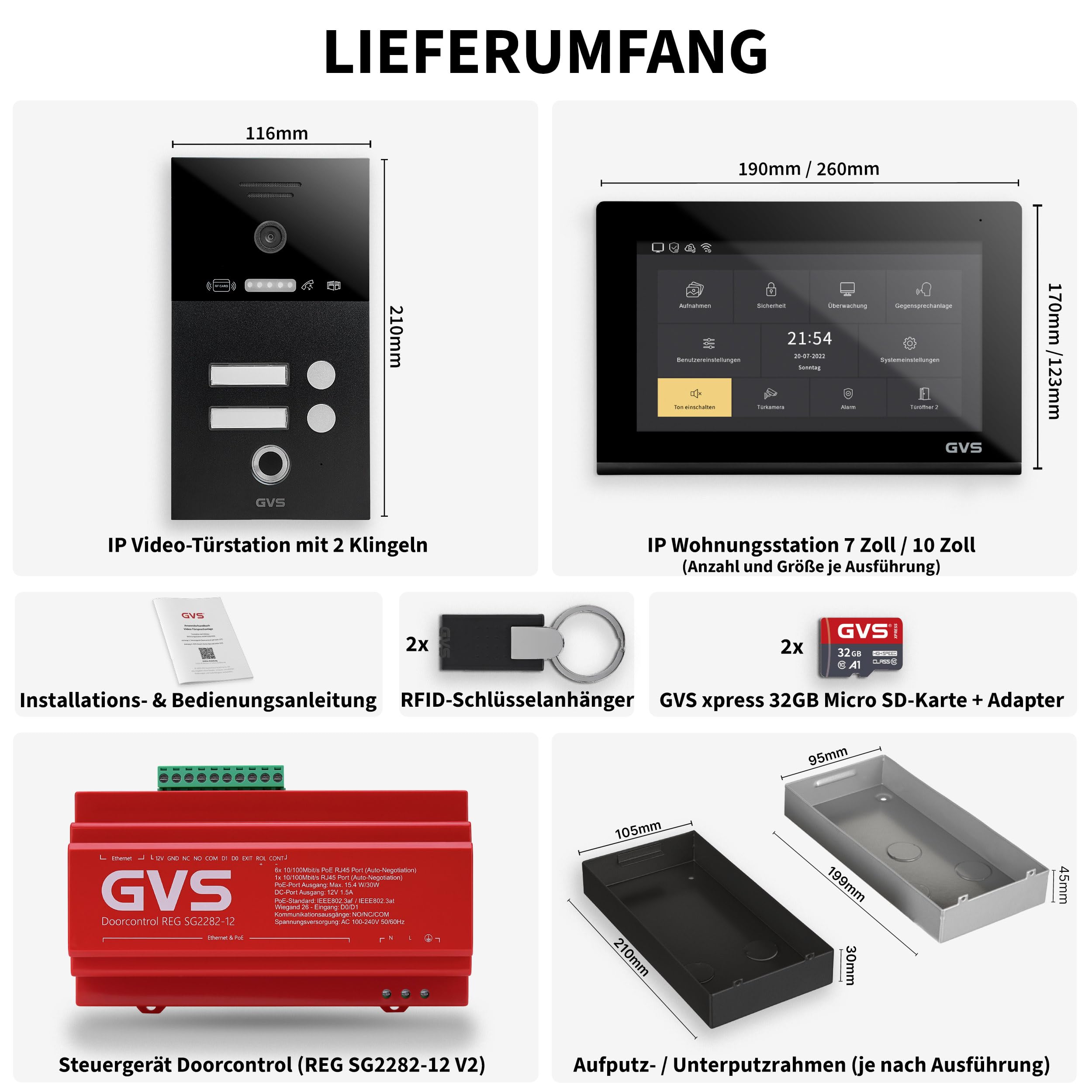 GVS Video Türsprechanlage 2-Familienhaus - RFID + Fingerprint - 2X 7 Zoll
