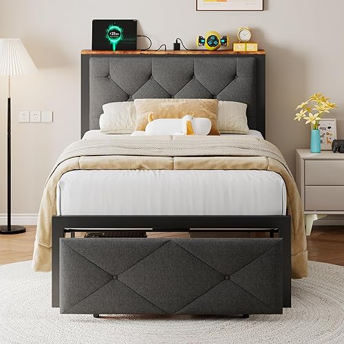 Twin Bed Frame with Storage Drawer, Metal Platform Bed with Charging Station, Upholstered Button Tufted Storage Headboard, No Box Spring Needed, Noise-Free, Easy Assembly, Grey