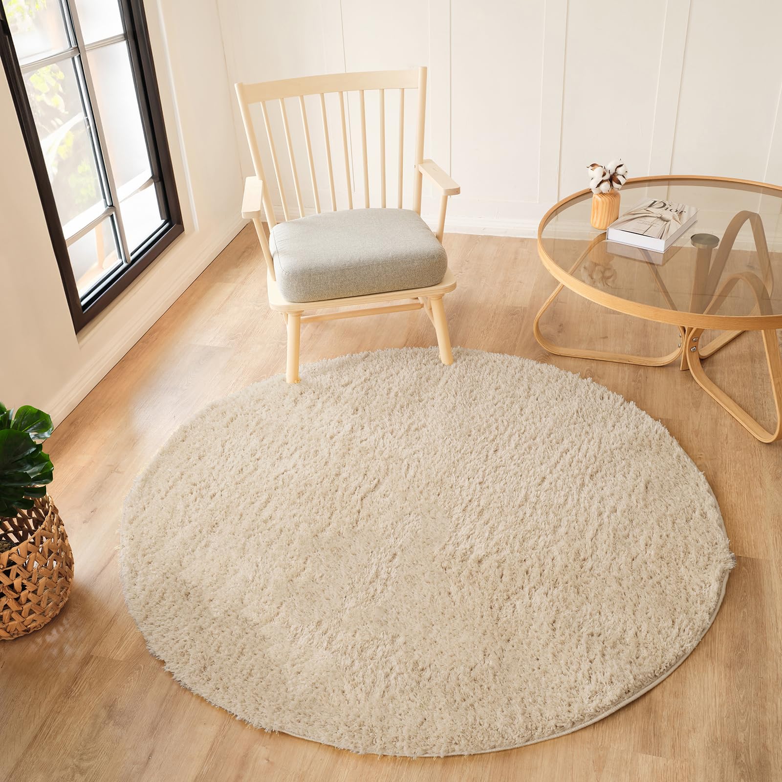 Livabliss Soso Shaggy Berber Round Carpet 160 cm, Living Room & Bedroom, Soft Plush Thick Pile, Neutral Boho Fluffy Style, Easy Care, Ivory