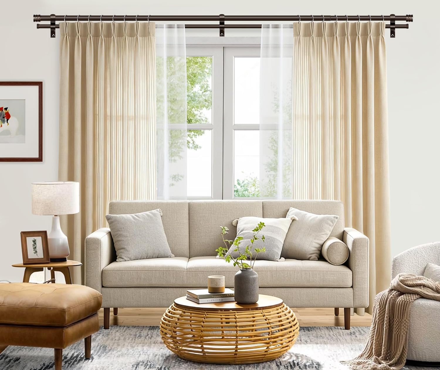 TONIAL1 Inch Double Curtain Rods 72 to 144 Inch (6 to 12 ft), Heavy Duty Decorative Drapery Rod for Windows 69 to 140 Inch (5.75 to 11.7 ft) with Classic Cap Finial, Bronze Bronze 72-144"