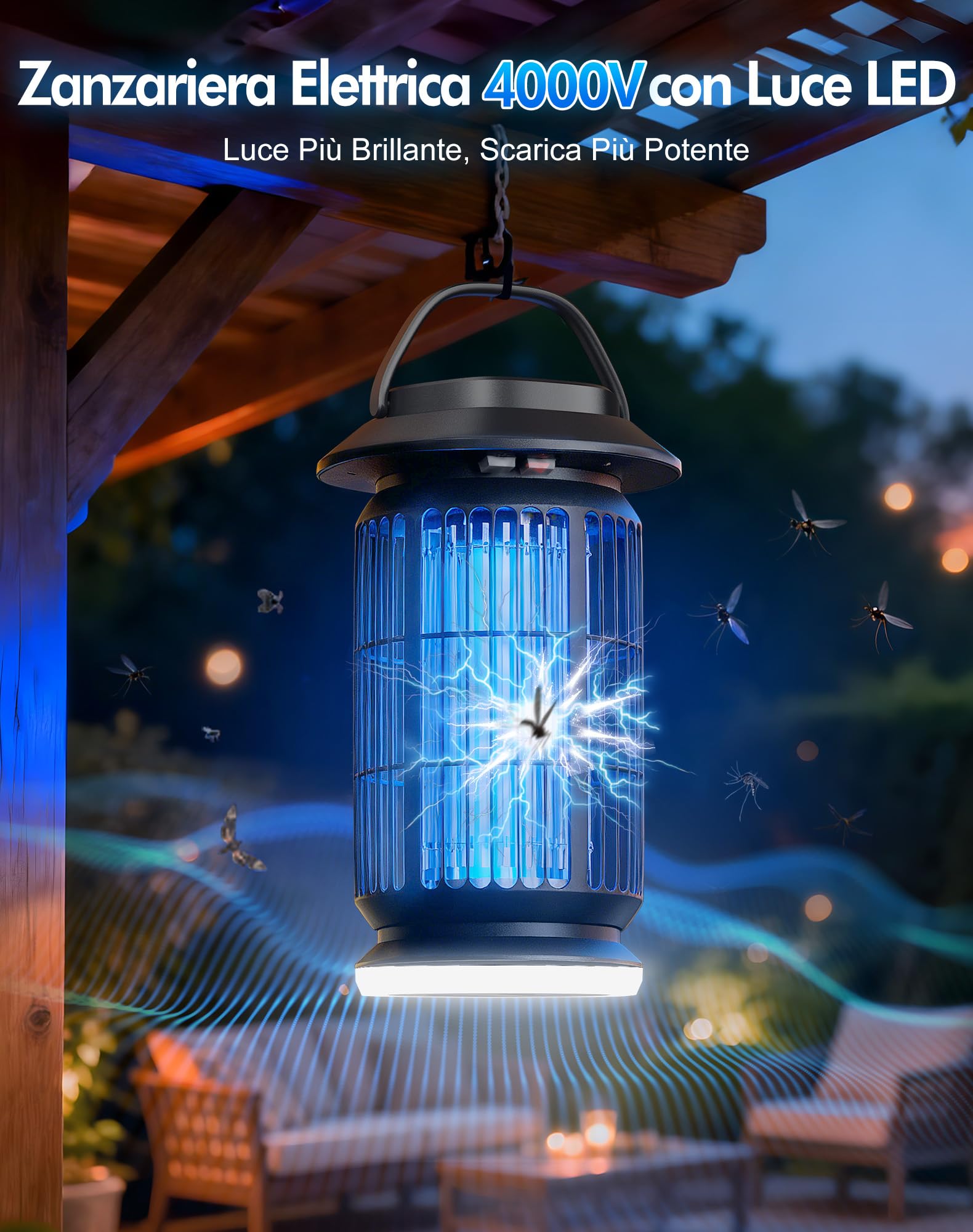 Lampada Antizanzare 4000V, Zanzariera Elettrica 18W con Luce Notturna, Impermeabile IPX4, Copertura Fino a 100 m², Ammazza Zanzare Elettrico Interno Esterno contro Zanzare, Mosche e Insetti