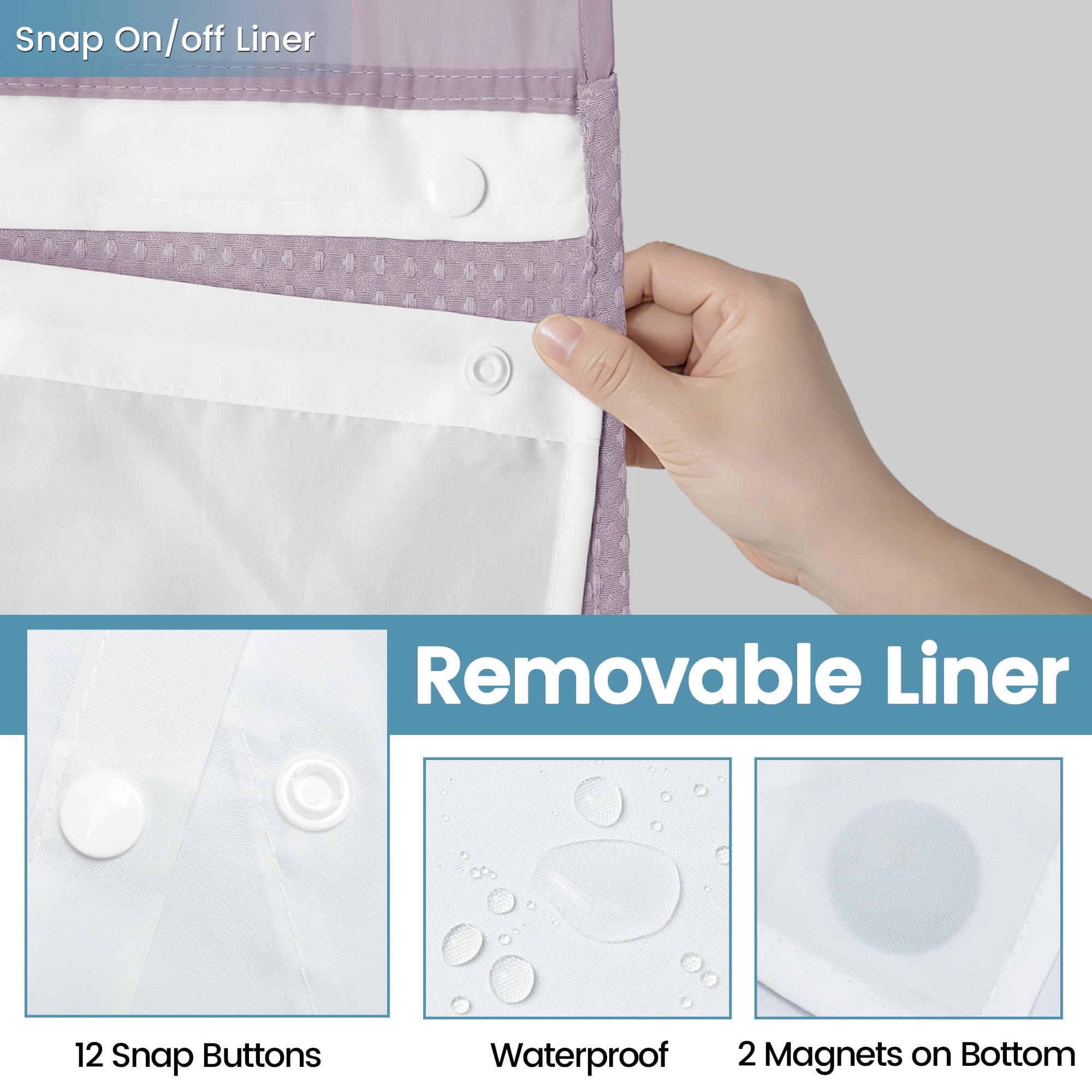 EUTXL Rideau de Douche sans Crochet avec Doublure à Clipser – 230 g/m² – Rideau de Douche à Tissage gaufré pour Salle de Bain – 180 x 188 cm (l x H)