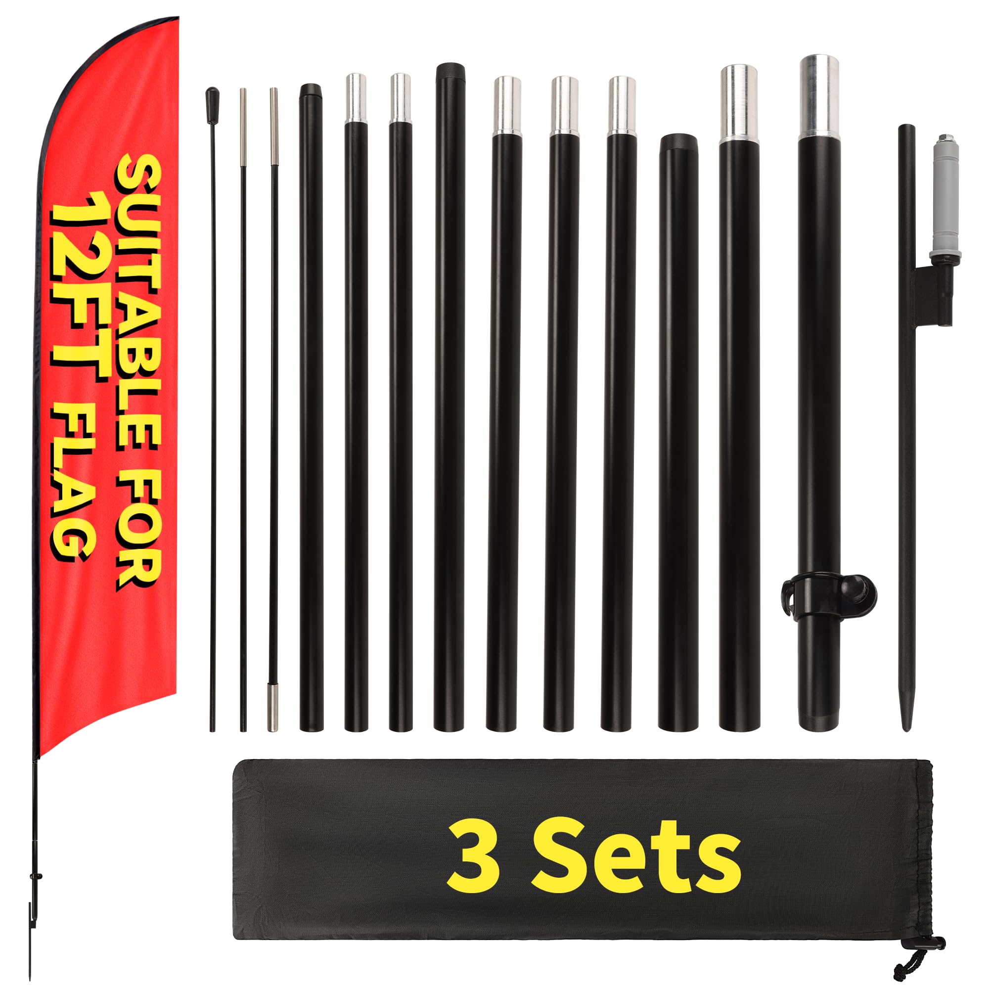 3 set di aste per bandiere in piuma resistenti da 4,5 m, per bandiere Swooper da 3 m, asta portatile in alluminio rinforzato con picchetto rotante a terra, ideale per pubblicità all'aperto, vetrine di
