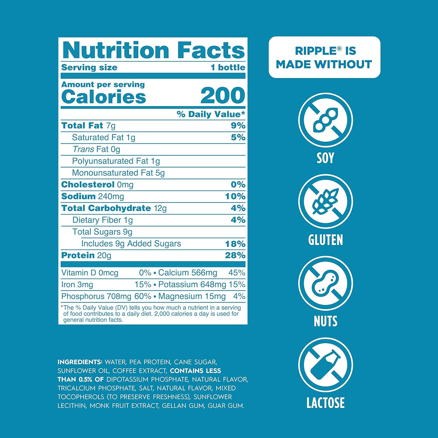 Ripple Vegan Protein Shake | Coffee Flavor | 75mg of Caffeine | 20g Nutritious Plant Based Pea Protein | Shelf Stable | Free of GMOs, Soy, Nut, Gluten, Lactose | 12 oz, Pack of 12 : Grocery & Gourmet Food