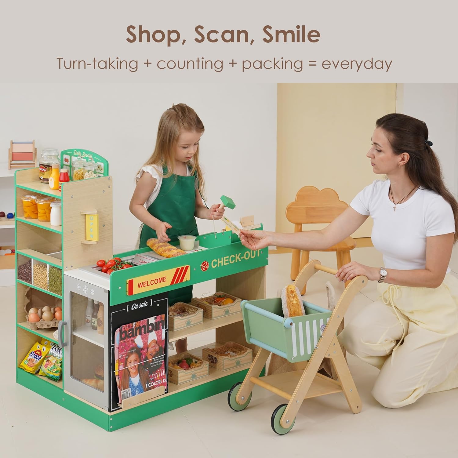 Wooden Grocery Store Playset for Kids, Pretend Play Market with Checkout Counter, Manual Conveyor Belt, Pretend Scanner, and Multiple Display Shelves, Interactive Toy Grocery for Boys & Girls Ages 3+