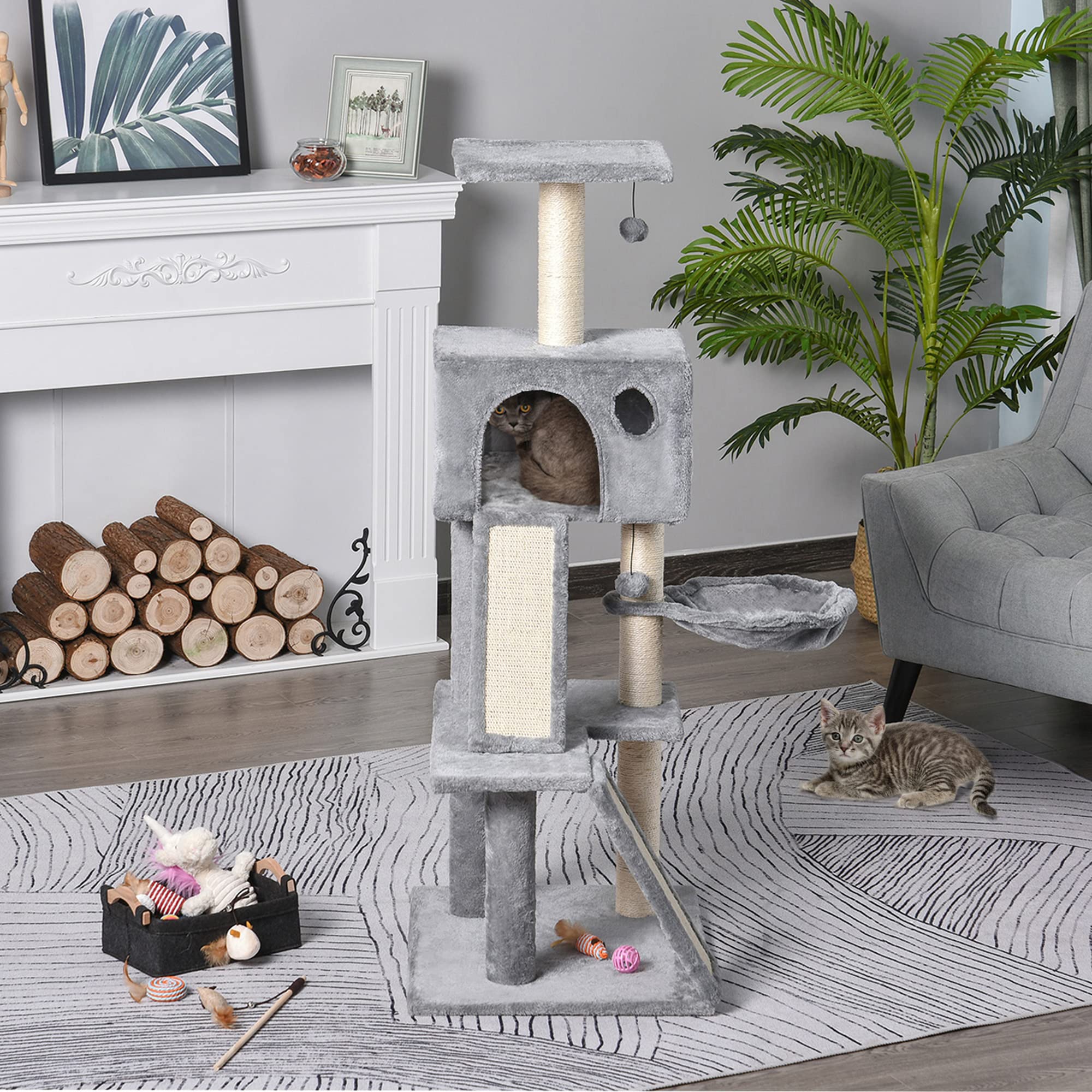 PawHut Albero Tiragraffi Accessoriato con Cuccia Lettino Sospeso e 2 Pedane in Peluche Grigio | Cuccia, Lettino Sospeso, 2 Pedane, Corda Sisal