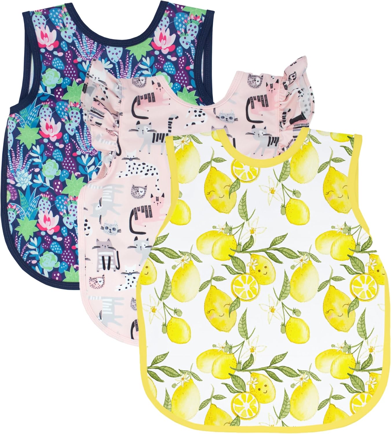 BapronBaby Desert Kitty Bapron Bundle - Bapron (Sz Baby/Toddler 6m-3T) + Desert Floral + Fresh Lemon + Kitty - Soft Waterproof Stain Resistant Bib - Machine Washable