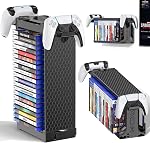 Tour de stockage de jeux vidéo avec support de contrôleur, support de jeux pour PS5/PS4/Xbox/NS 2, Organisateur de jeux vidéo pour 20 Disques verticaux & Plateau de disque horizontal, Accessoire de jeu