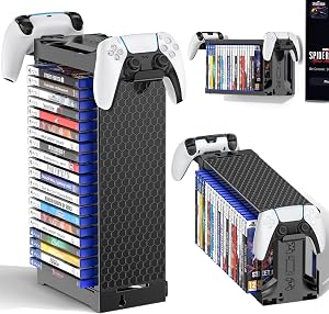 Video Game Storage Tower with Controller Stand, Game Stand for PS5/PS4/Xbox/NS 2, Video Game Organizer for 20 Discs, Vertical & Horizontal Disc Shelf, Game Accessory