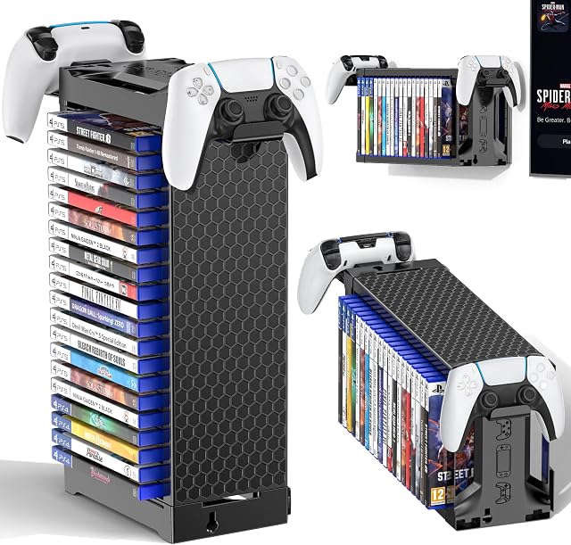 Tour de stockage de jeux vidéo avec support de contrôleur, support de jeux pour PS5/PS4/Xbox/NS 2, Organisateur de jeux vidéo pour 20 Disques verticaux & Plateau de disque horizontal, Accessoire de jeu