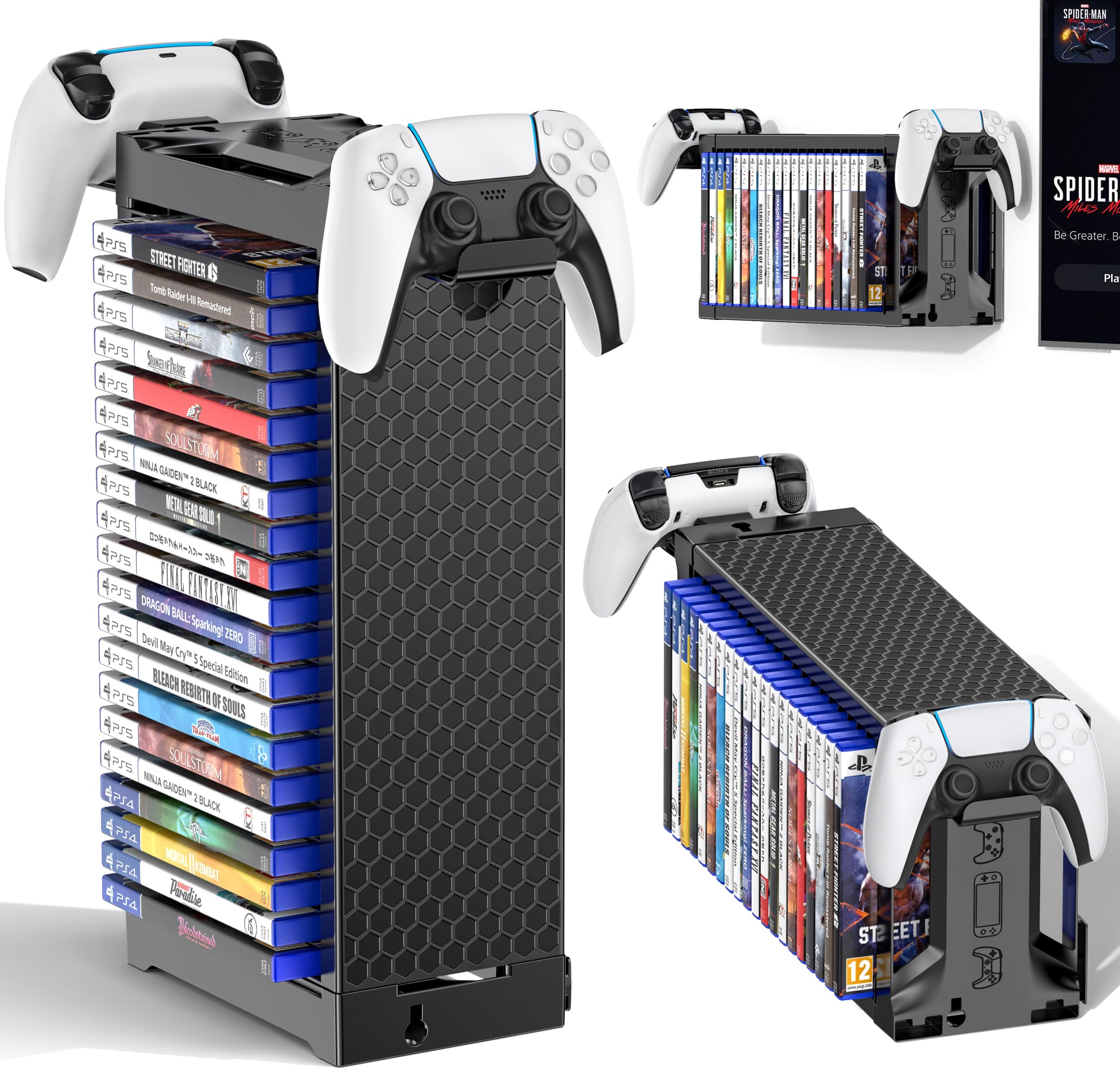 Video Game Storage Tower Holder with Controller Stand, Wall Mount Game Organizers and Storage for Nintendo Switch 2/ PS5/4/ XboxOne/Series, Vertical &