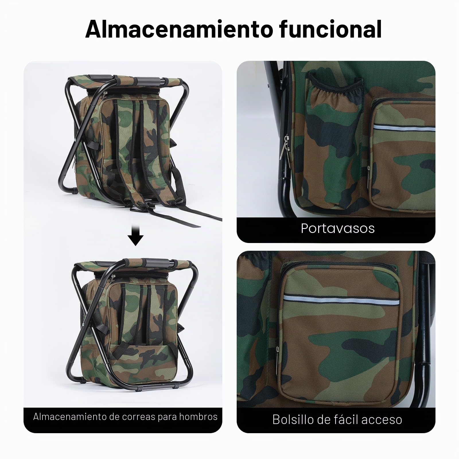 Taburete mochila nevera plegable y ligero, resistente hasta 159 kg para camping, silla de pesca portátil desmontable con mochila nevera, camuflaje