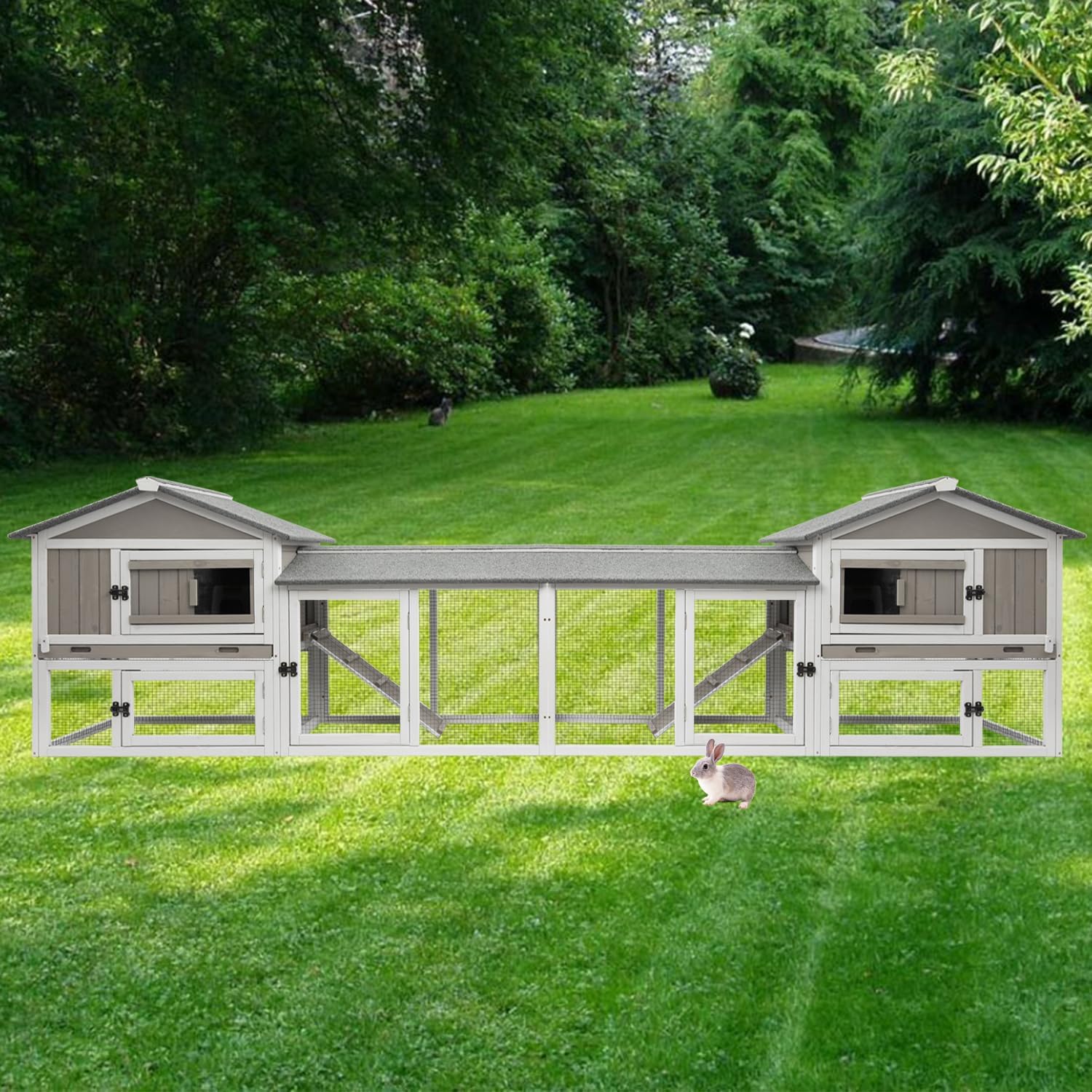 Rabbit Hutch Indoor Bunny Cage Outdoor Bunny Hutch with Pull Out Tray, Wooden Large Rabbit Cage with Run Weatherproof Roof, Guinea Pig Hutch (Grey, 110.2" L x 17.7" W x 33.4" H)