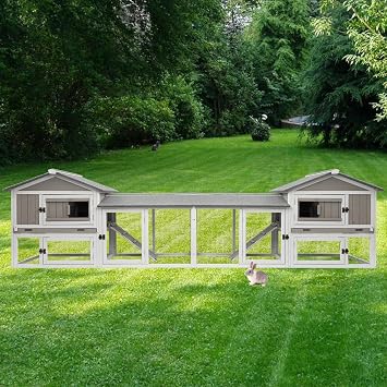 Ketive Rabbit Hutch Indoor Bunny Cage Outdoor Bunny Hutch with Pull Out Tray, Wooden Large Rabbit Cage with Run Weatherproof Roof, Guinea Pig Hutch Grey, 110.2" L x 17.7" W x 33.4" H
