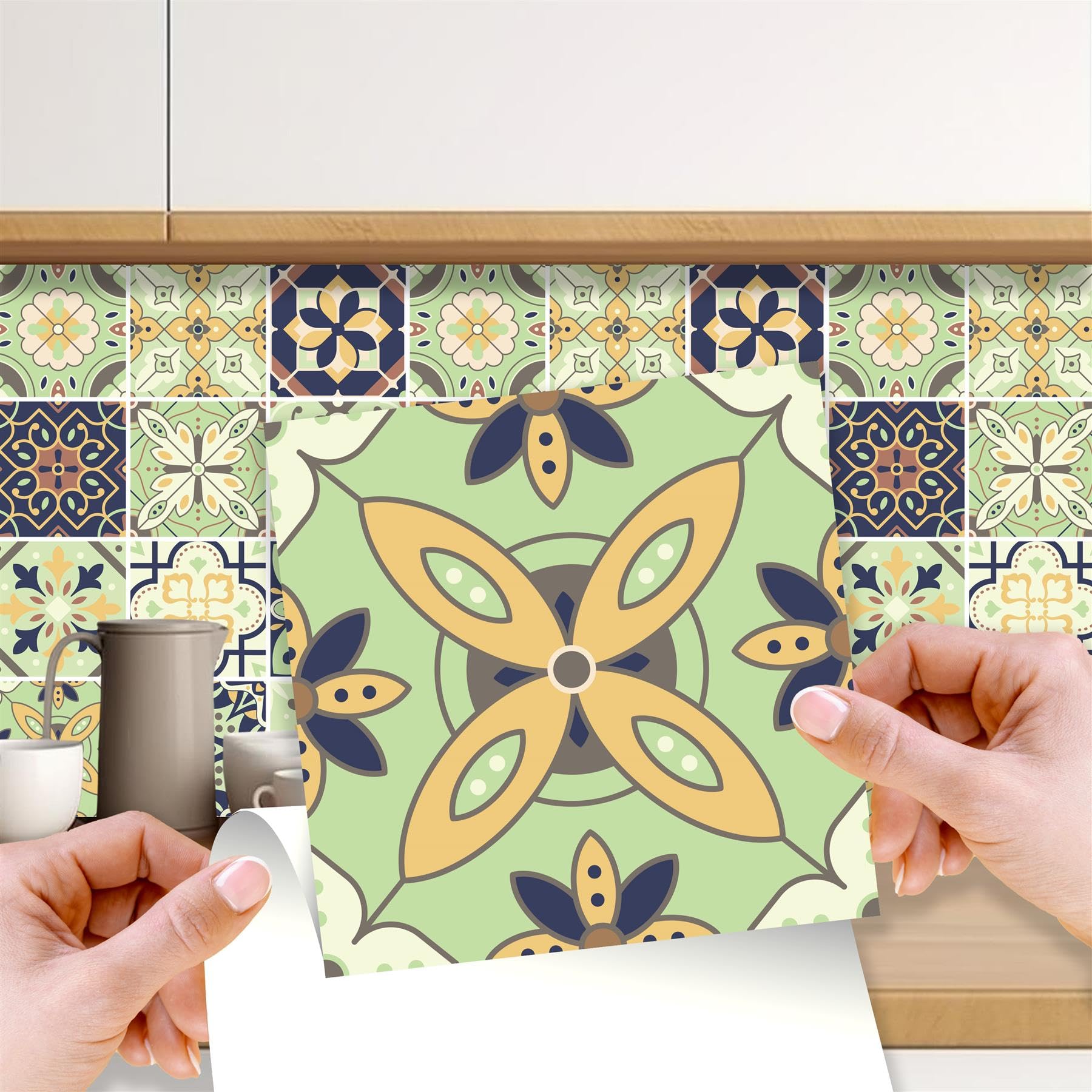 Walplus Pastel Green Moroccan 24Pcs Self-Adhesive Kitchen Tiles, 15X15cm (6X6in), Geometric Peel & Stick Wall Tiles For Kitchen & Bathroom Upgrade