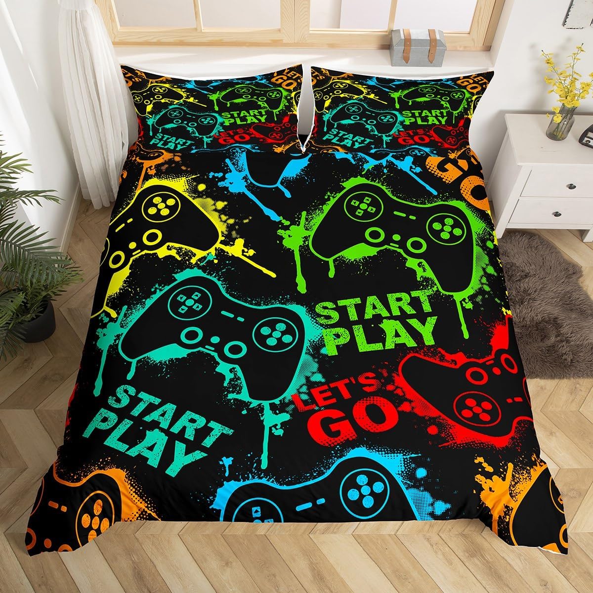 Erosebridal Gaming Toddler Comforter Cover Neon Gameped Duvet Cover for Boys Room Decor,Video Game Bedding Set,Modern Gaming Video Game Room Bed Cover,with 1 Pillow Case