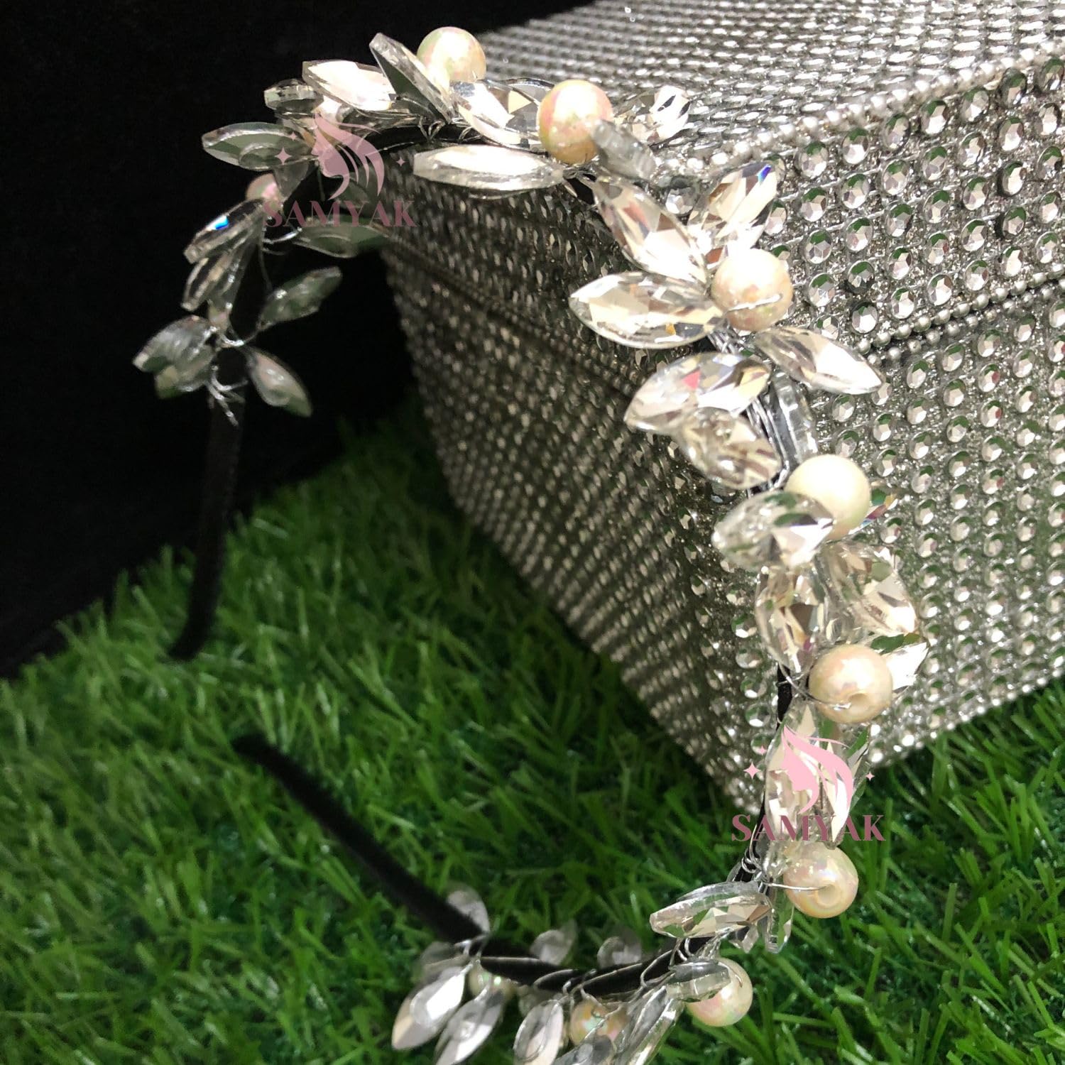 Samyak Studded Metal Hairband Fancy Hairstyle For Women & Girls Trendy Party Headband Hair Accessories (Silver, Medium)