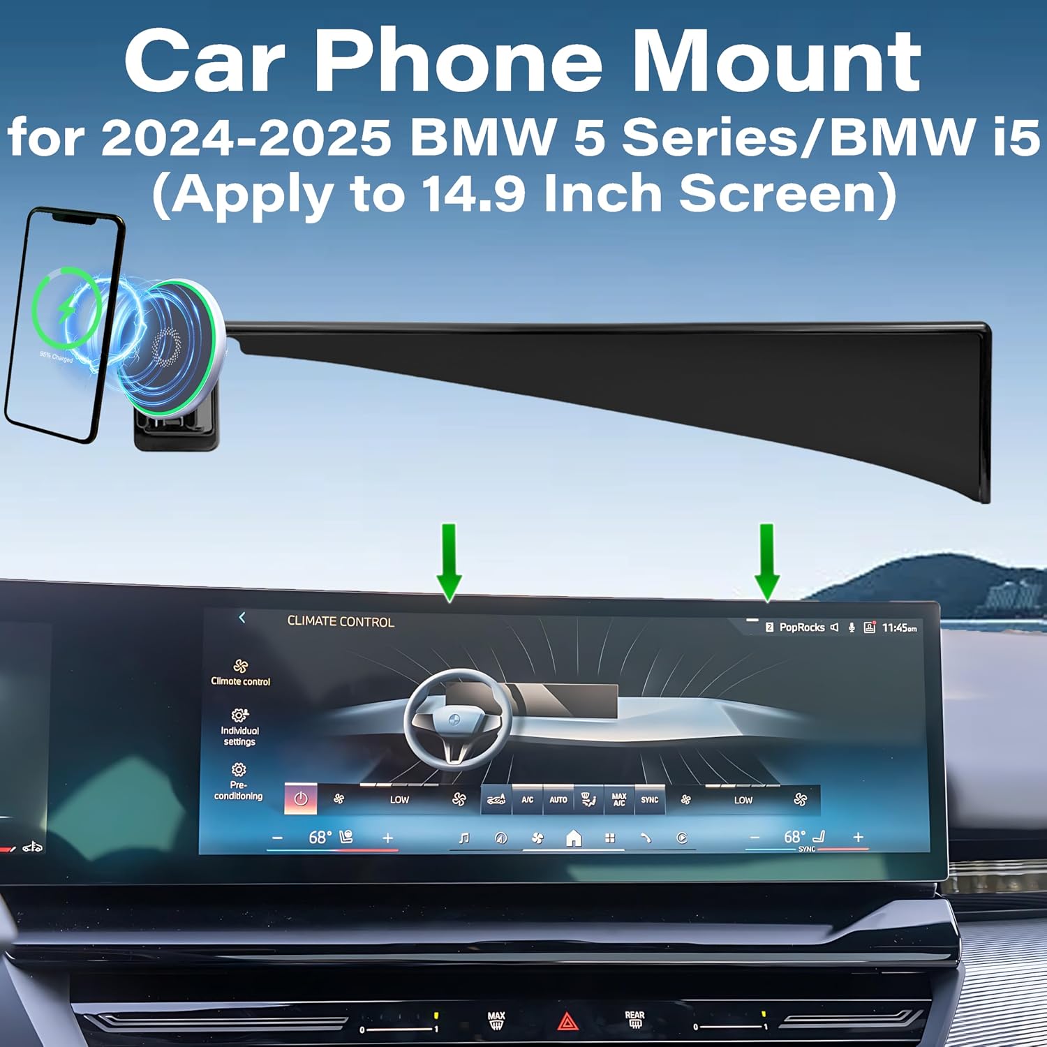 Car Phone Holder for 2024 2025 BMW 5 Series/BMW i5 Accessories Apply to 14.9 Inch Touch Screen 15W Fast Wireless Charger Screen Fixed Clip Cell Phone Mount Hands-Free 360 Degree Rotation