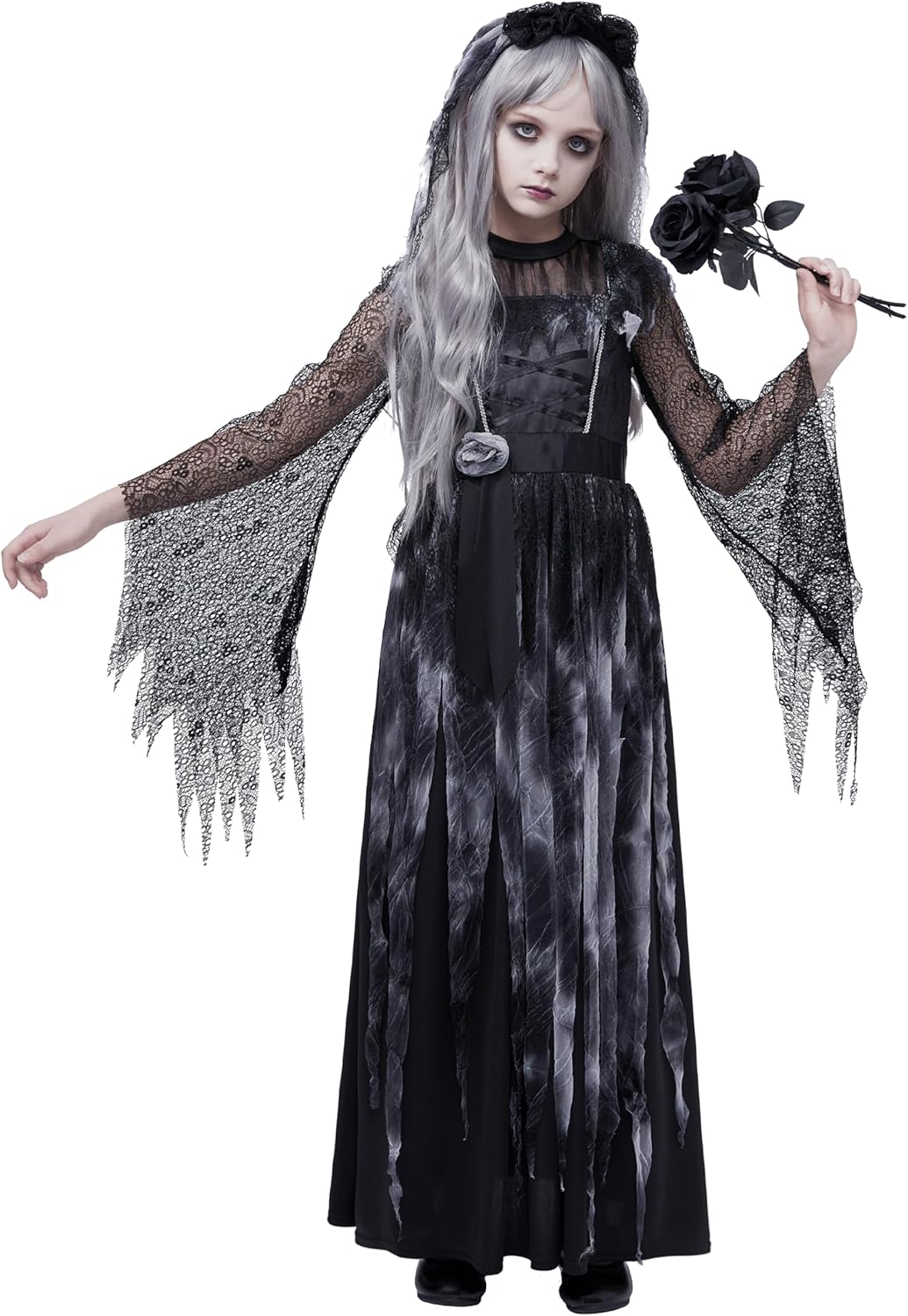 Spooktacular Creations Haunted Princess Costumes for Girls, Kids Scary Cemetery Bride Dress, Zombie Gothic Outfits with Headband for Halloween Ghost Role Playing Parties X-Large(12-14 yrs)