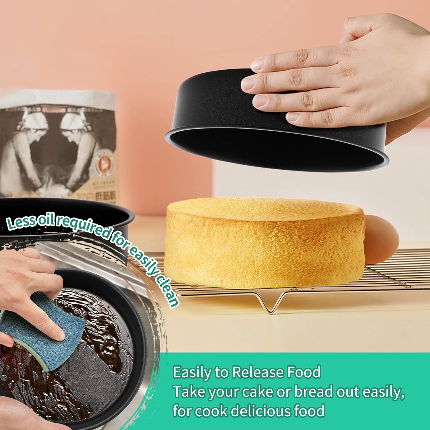 P&P CHEF Non-stick Cake Pan Set of 2, 8 Inch Round Baking Cake Pans Tins for Tier Smash Cakes, Non-Toxic & Solid, Stainless Steel Core & Leak-Proof, 2Pcs - Image 4