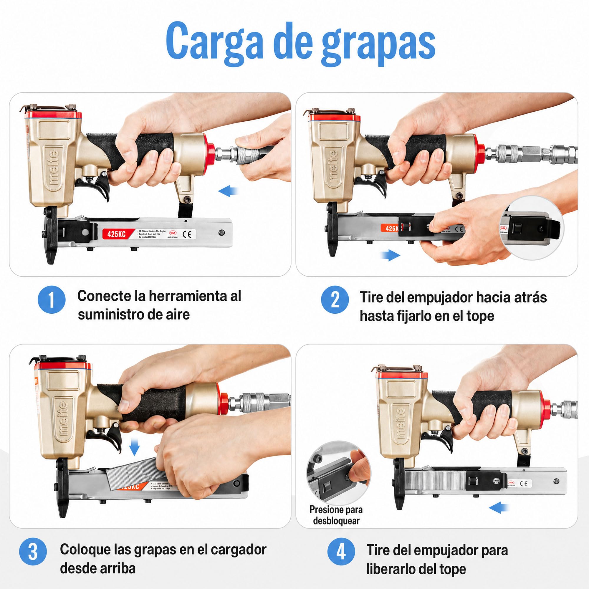meite 425KC Grapadora Neumática de Corona Estrecha 18GA, Compatible con Grapas de 5,7 mm y 13-25 mm, con Gatillo de Seguridad, para Madera, Muebles, Tela y Cuero