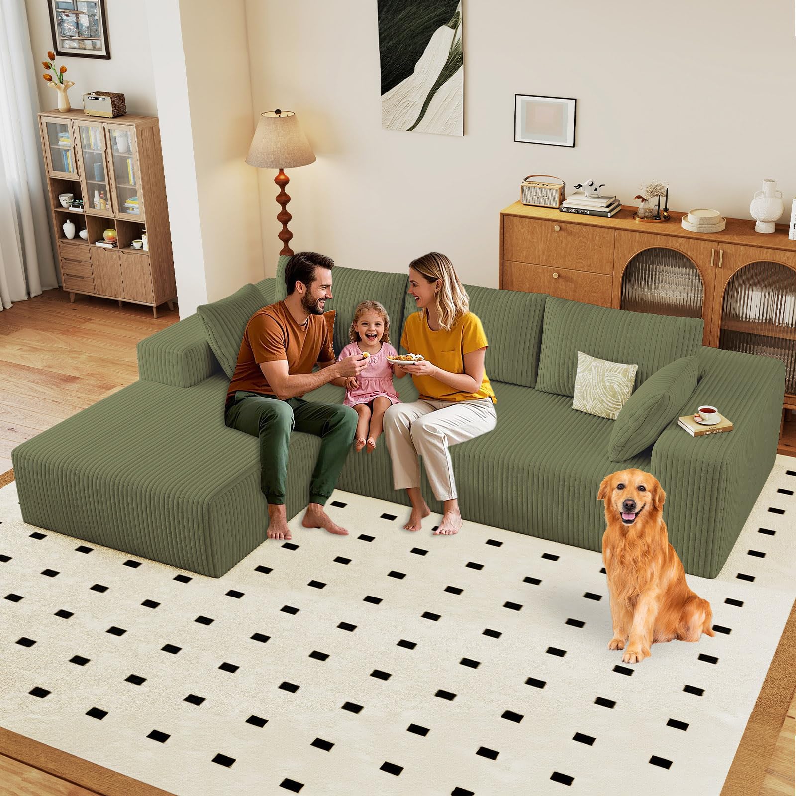 96" Modular Sectional Sofa, Modern Corduroy Cloud Couch with Deep Seat, Boneless Couch Upholstered 3-Seater L-Shaped Sofa for Living Room, No Assembly Required (Green, Left-Facing Chaise)