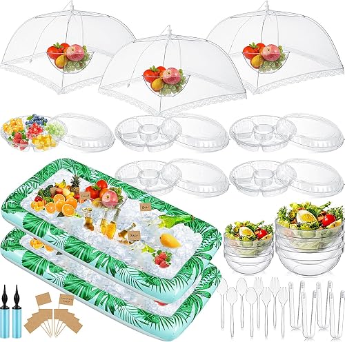 128 Pcs Inflatable Cooler for Parties 2 Hawaii Inflatable Ice Serving Bars Buffet Salad Serving Trays Food Drink Holder with Drain Plug for Summer Picnic Pool Beach Luau Party