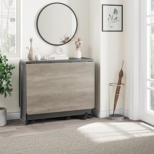 Miniatura 4 de Alkmaar Mesa de comedor plegable con hojas caídas y 2 estantes de almacenamiento, ideal para espacios pequeños, extensión plegable versátil, mesa de