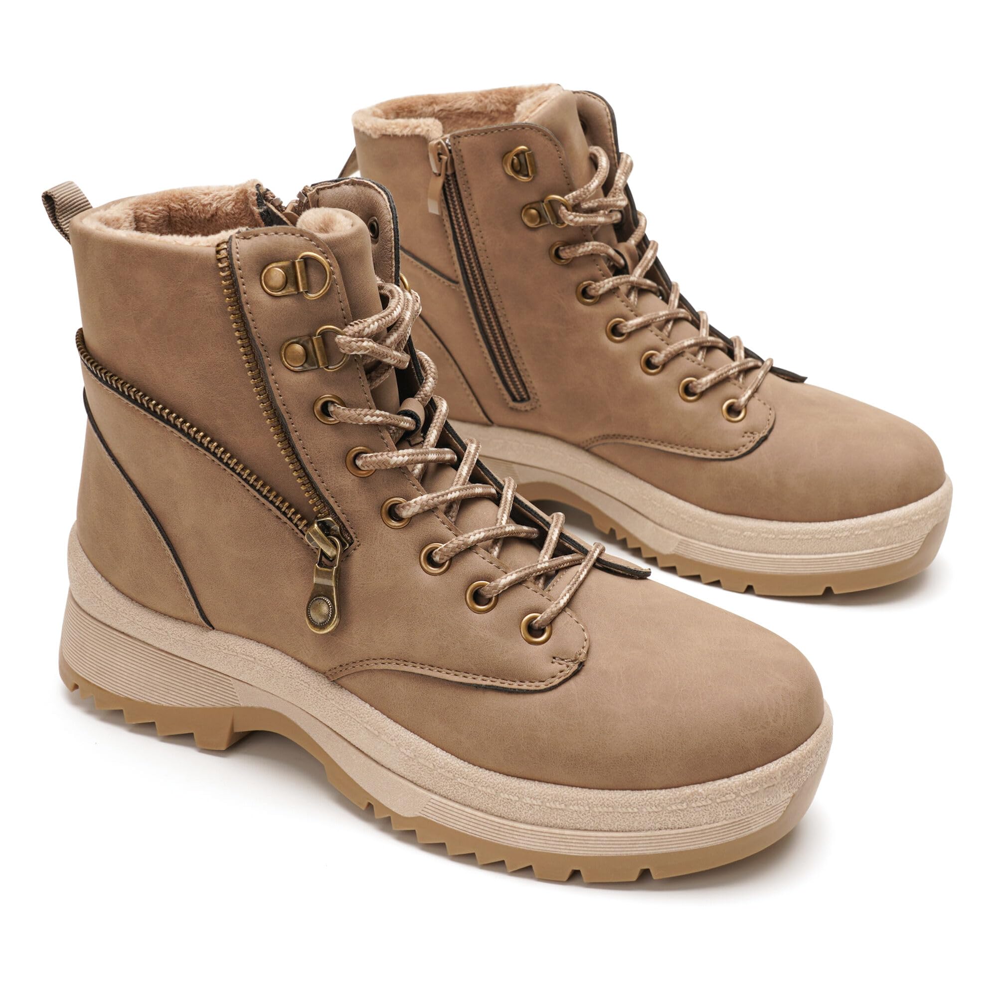 GLAMORA Botas de Nieve para Mujer, Botines de Invierno Estilo Montaña, Antideslizantes, Resistentes al Agua, con Pelo, Cremallera Lateral y Cordones