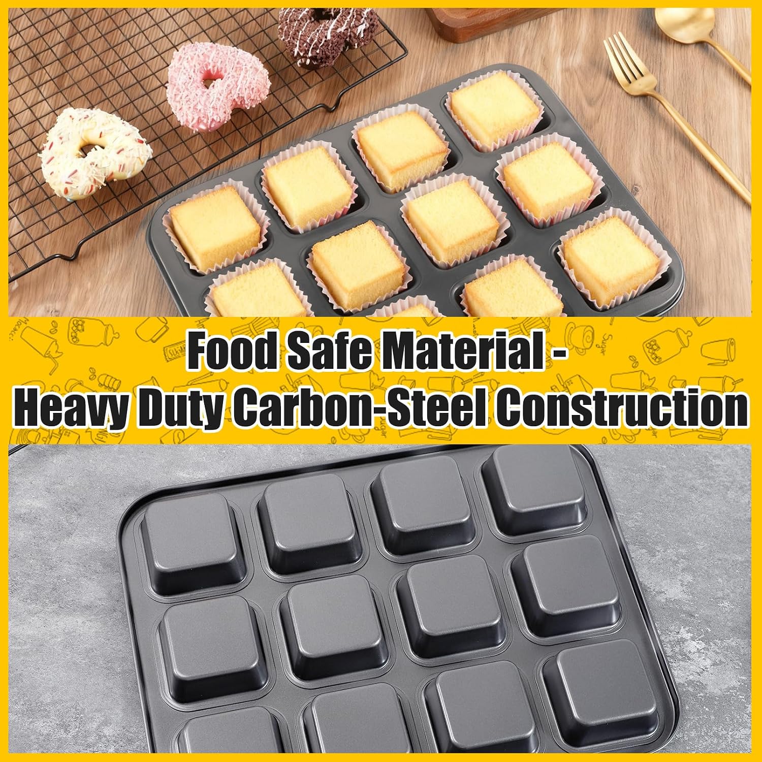 2 Pack Brownie Pan with Dividers, 12-Cavity Muffin Baking Pans Cake Mold, Non-Stick Carbon Steel Baking Tray, Square Cupcake Brownie Pans, Heavy Duty Mini Muffin Pan for Cake Cookie Oven