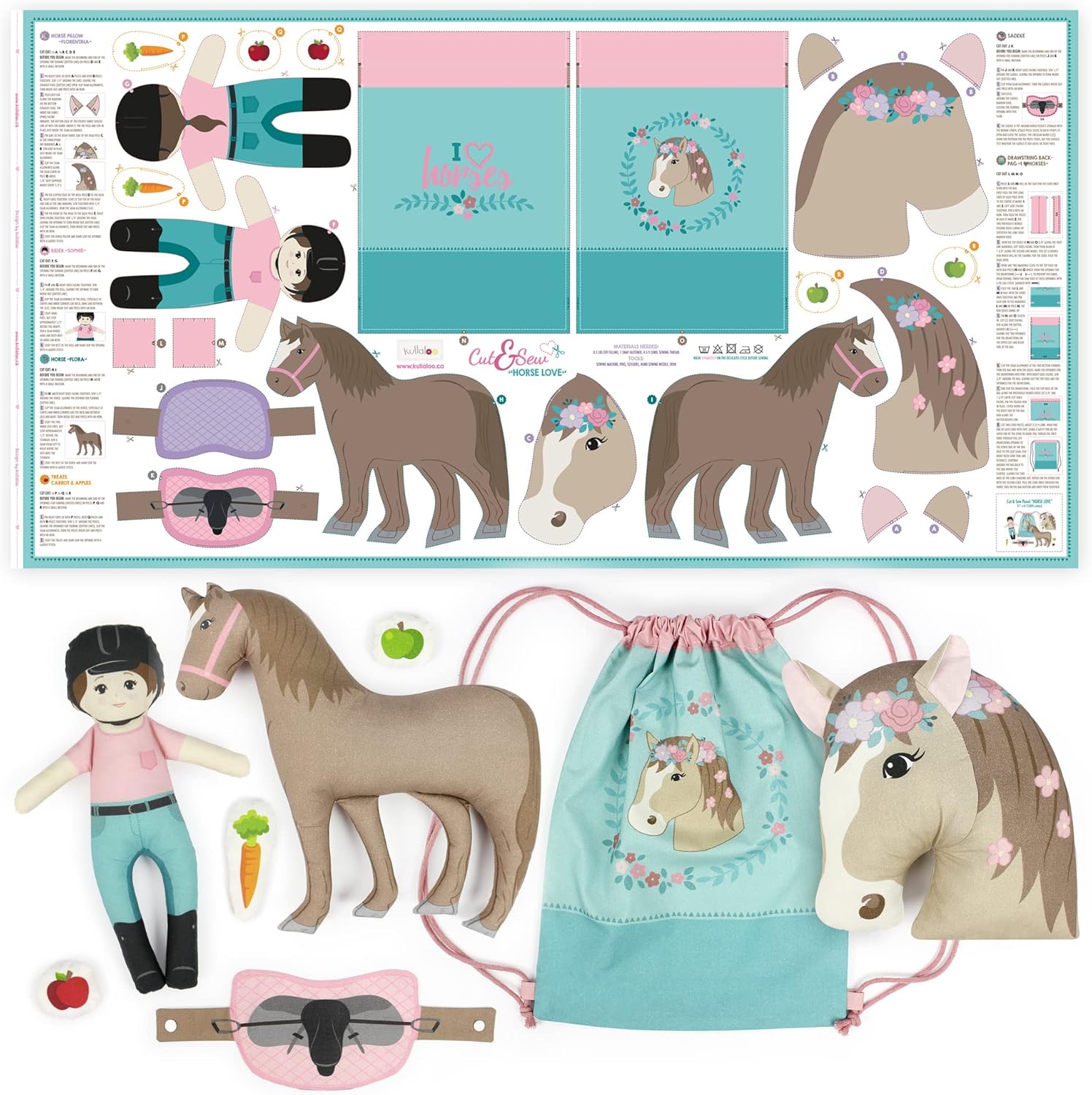kullaloo Horse-Themed Fabric Panel Sewing Kit ✦ Cut & Sew DIY Project for Kids & Beginners ✦ Includes 8 Projects – Great for Girls, Boys, and Family Craft Time (Horse Love)