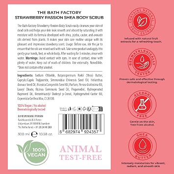 The Bath Factory Exfoliating Body Scrub, Shea Butter with Jojoba Oil, Paste, All Skin Types, Unisex, Strawberry Scent, Vegan, 10.5 Fl Oz, Alcohol Free