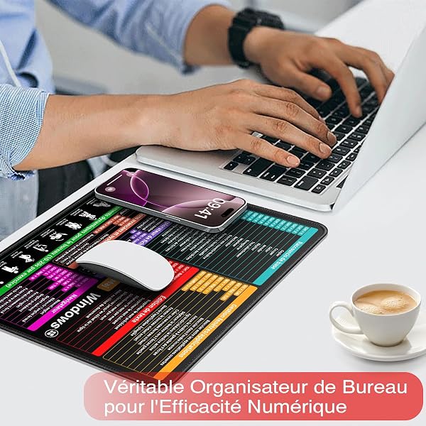 Tapis de Souris 300 x 250 x 3 mm Français, Windows Raccourcis Clavier sur Tapis Souris pour Bureau, Base Caoutchouc Anti-Dérapant, Glissement Facile, Durable, Portable - 3