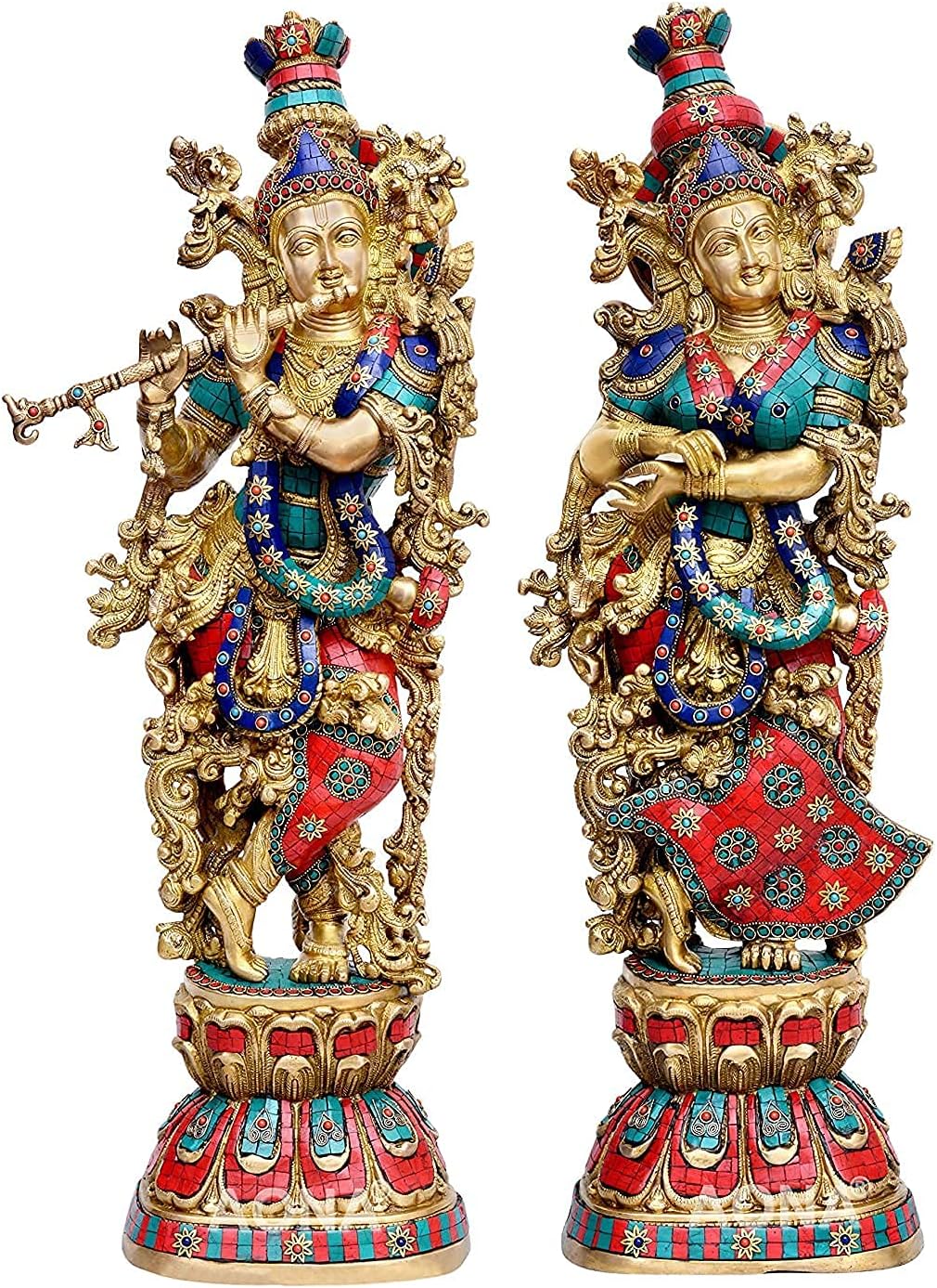 AONA Brass Pair of Brass Radha Krishna - Big Size - Kishan Murti Idol Statue Sculpture 29 Inches (Red)