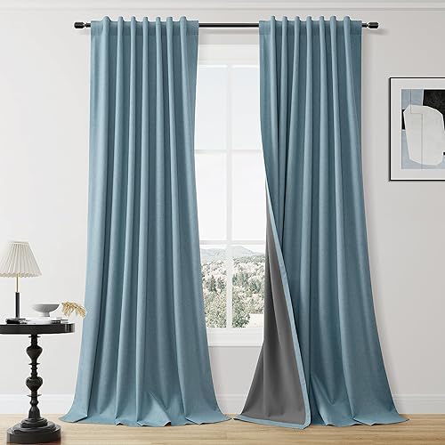 Miniatura 18 de Cortinas 100% opacas de 84 pulgadas de largo, juego de 2 paneles de lino negro, aislamiento térmico, cortinas opacas de bloqueo de luz,