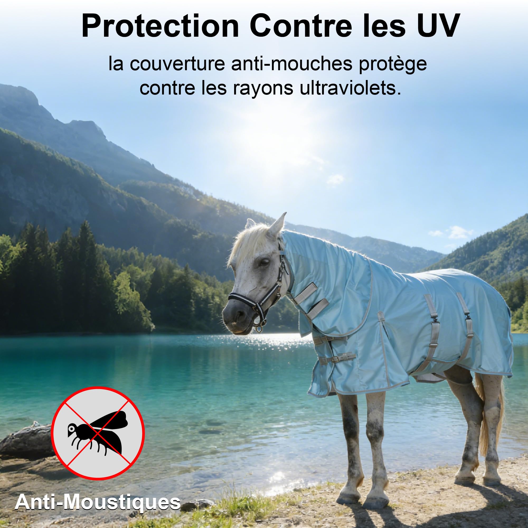 Manta antimoscas con tapa extraíble para cuello y pastos, 125 cm, malla transpirable, protección contra los rayos UV contra la picazón estival para el establo y los pastos, azul azul