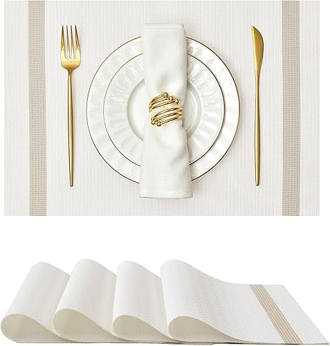 Leetaltree Juego de 4 manteles individuales blancos de lujo con rayas doradas, impermeables, lavables, para bodas, aniversarios, uso diario,