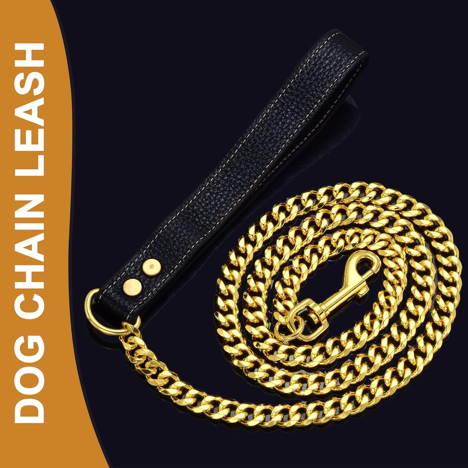Dog Chain Leash Gold Dog Leash 4FT 18K Gold Stainless Steel 10mm Cuban Link Dog Leash with Comfortable Genuine Leather Handle for Puppy Small Medium Large Dogs(G, 4.3FT)